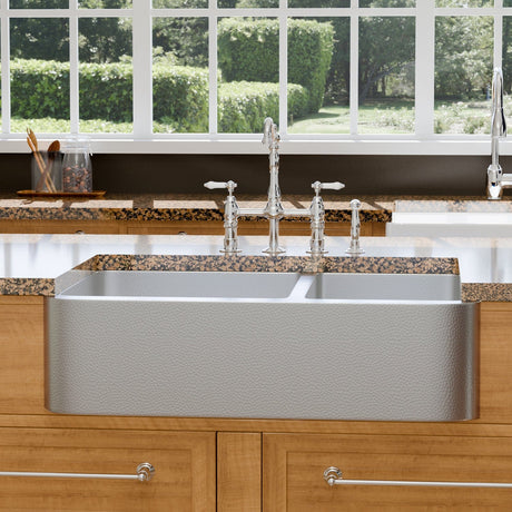 36" Glenway 60/40 Double-Bowl Stainless Steel Farmhouse Sink - Matte Hammered Steel