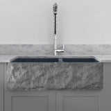 36" Kennesaw Polished Blue Gray Granite 60/40 Offset Double-Bowl Farmhouse Sink - Chiseled Apron
