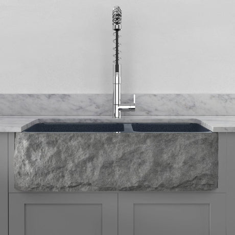36" Kennesaw Polished Blue Gray Granite 60/40 Offset Double-Bowl Farmhouse Sink - Chiseled Apron