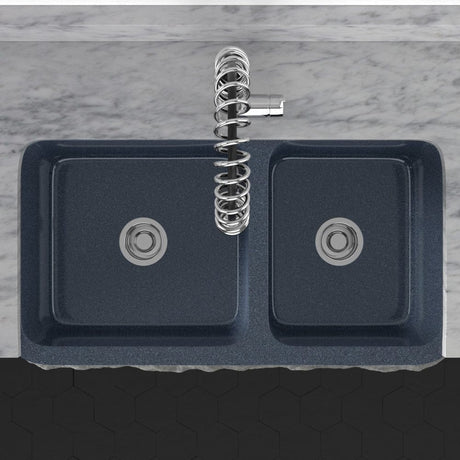 36" Kennesaw Polished Blue Gray Granite 60/40 Offset Double-Bowl Farmhouse Sink - Chiseled Apron