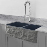 36" Kennesaw Polished Blue Gray Granite 60/40 Offset Double-Bowl Farmhouse Sink - Chiseled Apron