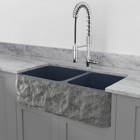 36" Kennesaw Polished Blue Gray Granite 60/40 Offset Double-Bowl Farmhouse Sink - Chiseled Apron