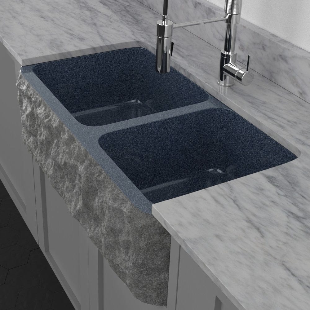 36" Kennesaw Polished Blue Gray Granite 60/40 Offset Double-Bowl Farmhouse Sink - Chiseled Apron