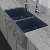 36" Kennesaw Polished Blue Gray Granite 60/40 Offset Double-Bowl Farmhouse Sink - Chiseled Apron