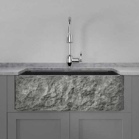 36" Kennesaw Polished Blue Gray Granite Single-Bowl Farmhouse Sink - Chiseled Apron