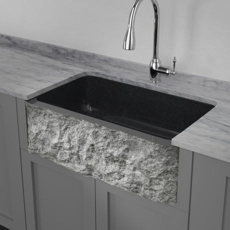 36" Kennesaw Polished Blue Gray Granite Single-Bowl Farmhouse Sink - Chiseled Apron