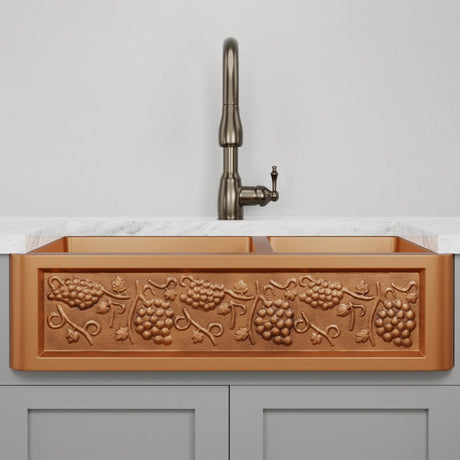 36" Lynn Copper Grape Design 60/40 Offset Double-Bowl Farmhouse Sink