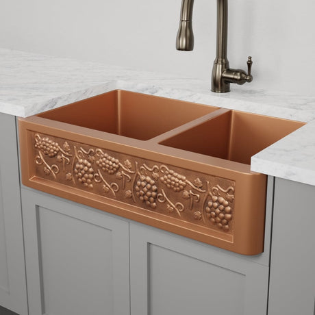 36" Lynn Copper Grape Design 60/40 Offset Double-Bowl Farmhouse Sink