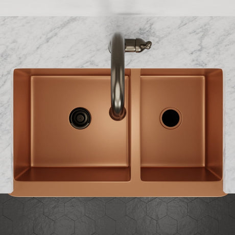 36" Lynn Copper Grape Design 60/40 Offset Double-Bowl Farmhouse Sink