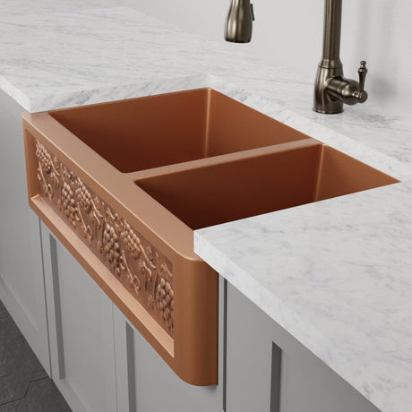 36" Lynn Copper Grape Design 60/40 Offset Double-Bowl Farmhouse Sink