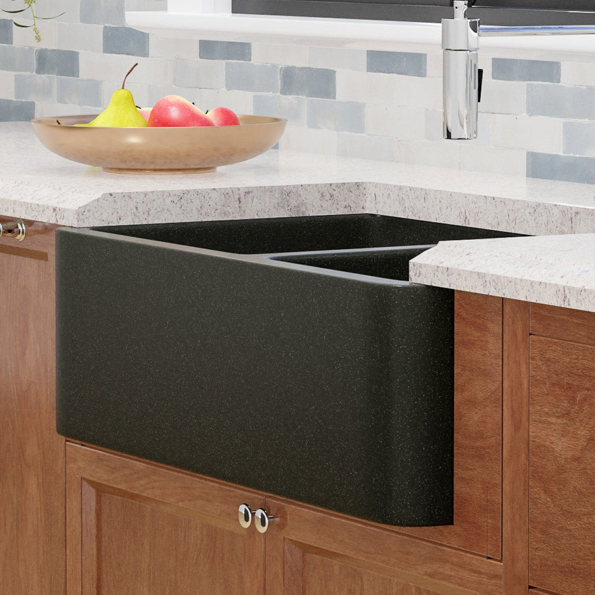 36" Mableton Smooth Polished Black Granite 60/40 Offset Double-Bowl Farmhouse Sink