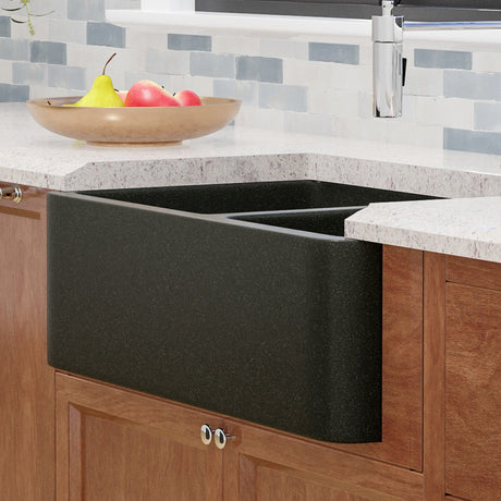 36" Mableton Smooth Polished Black Granite 60/40 Offset Double-Bowl Farmhouse Sink