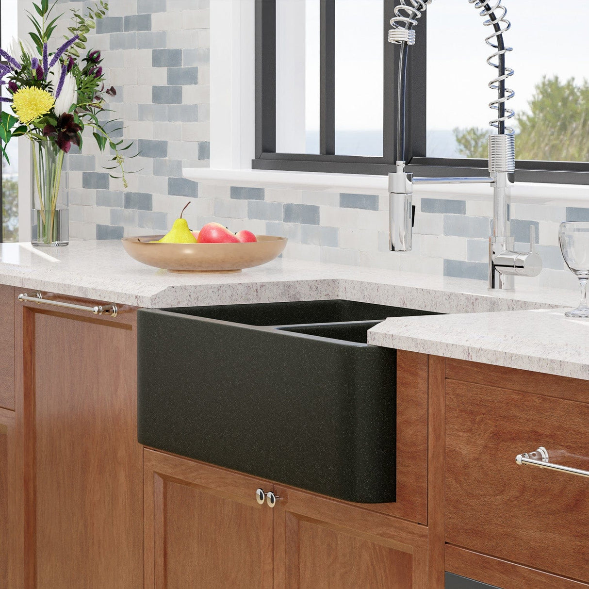 36" Mableton Smooth Polished Black Granite 60/40 Offset Double-Bowl Farmhouse Sink
