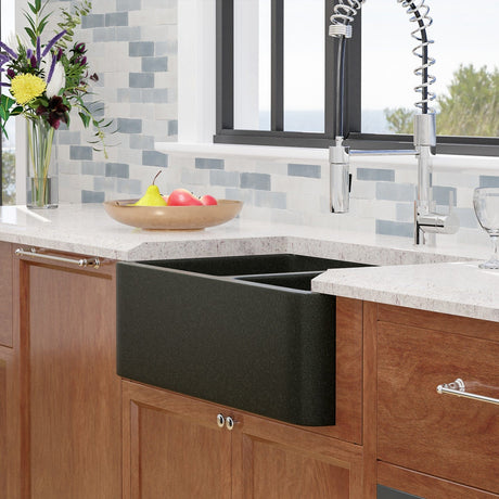 36" Mableton Smooth Polished Black Granite 60/40 Offset Double-Bowl Farmhouse Sink