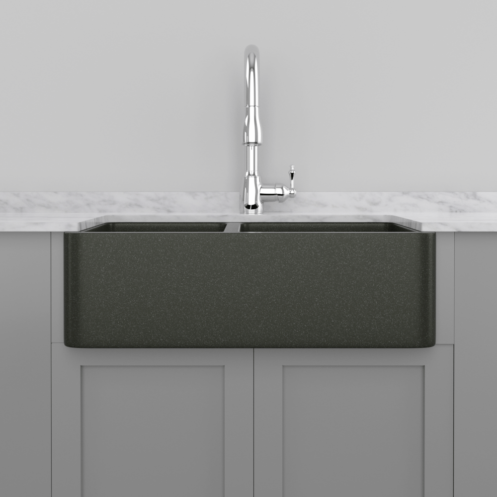 36" Mableton Smooth Polished Black Granite 60/40 Offset Double-Bowl Farmhouse Sink