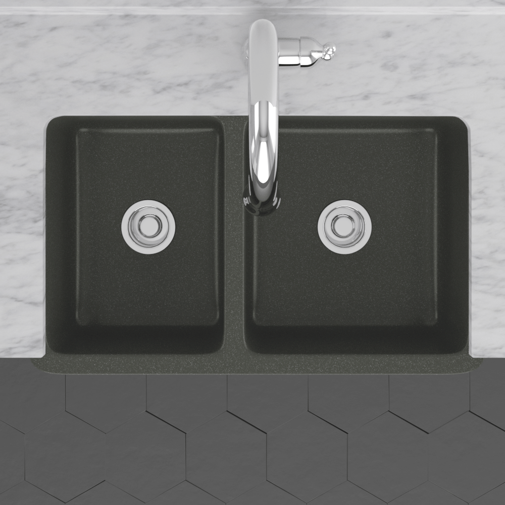 36" Mableton Smooth Polished Black Granite 60/40 Offset Double-Bowl Farmhouse Sink