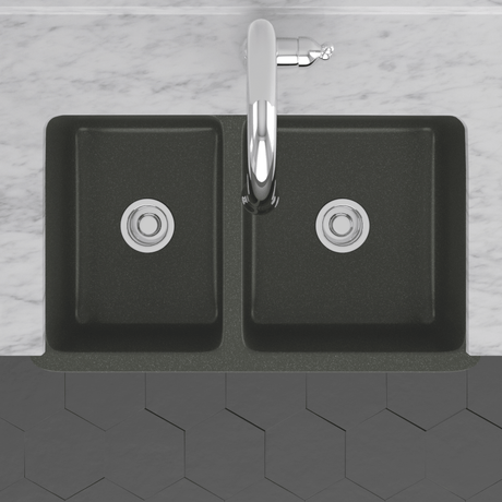 36" Mableton Smooth Polished Black Granite 60/40 Offset Double-Bowl Farmhouse Sink