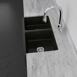 36" Mableton Smooth Polished Black Granite 60/40 Offset Double-Bowl Farmhouse Sink