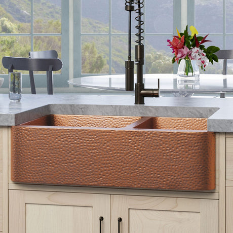 36" Sinclair Hammered Copper 60/40 Offset Double-Bowl Farmhouse Sink