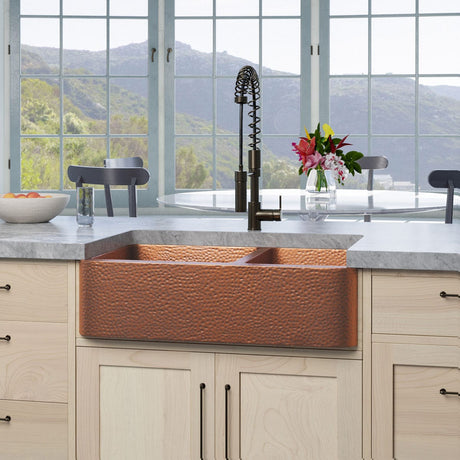 36" Sinclair Hammered Copper 60/40 Offset Double-Bowl Farmhouse Sink