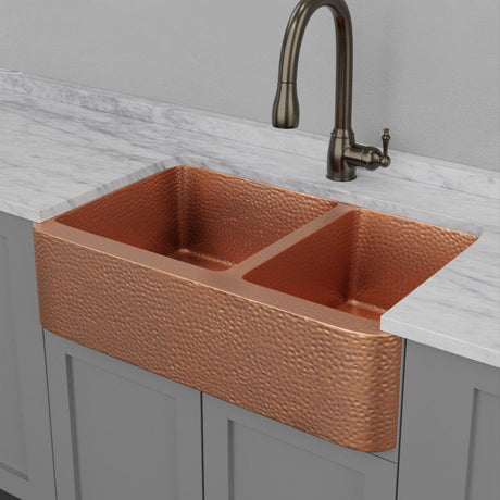 36" Sinclair Hammered Copper 60/40 Offset Double-Bowl Farmhouse Sink