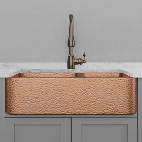 36" Sinclair Hammered Copper 60/40 Offset Double-Bowl Farmhouse Sink