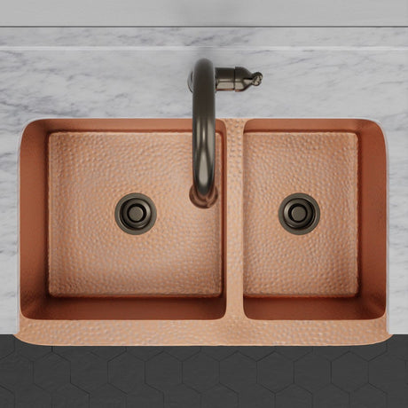 36" Sinclair Hammered Copper 60/40 Offset Double-Bowl Farmhouse Sink