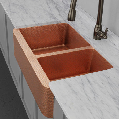 36" Sinclair Hammered Copper 60/40 Offset Double-Bowl Farmhouse Sink