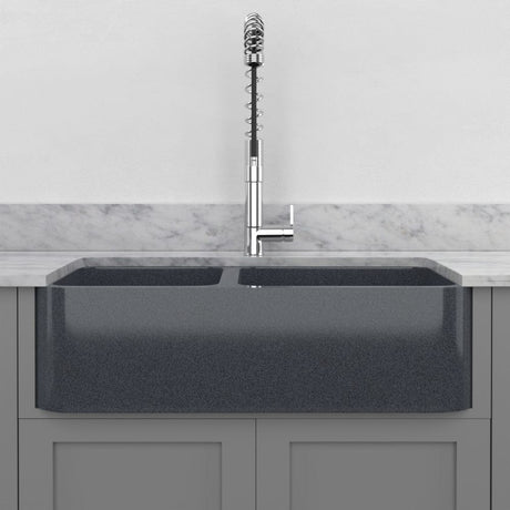 36" Smyrna Smooth Polished Blue Gray Granite 60/40 Offset Double-Bowl Farmhouse Sink