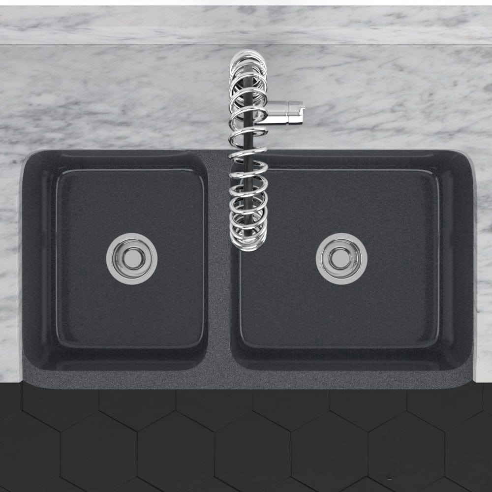 36" Smyrna Smooth Polished Blue Gray Granite 60/40 Offset Double-Bowl Farmhouse Sink