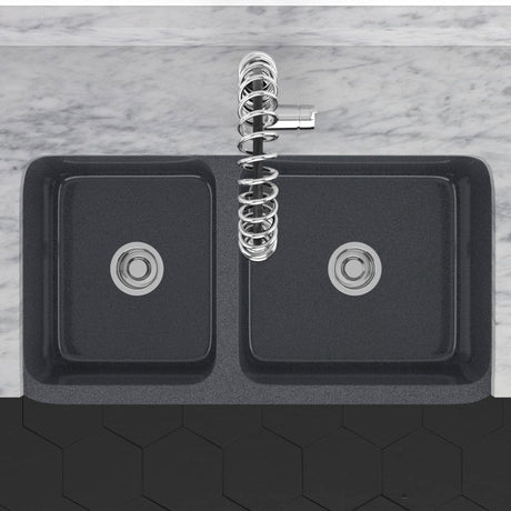 36" Smyrna Smooth Polished Blue Gray Granite 60/40 Offset Double-Bowl Farmhouse Sink