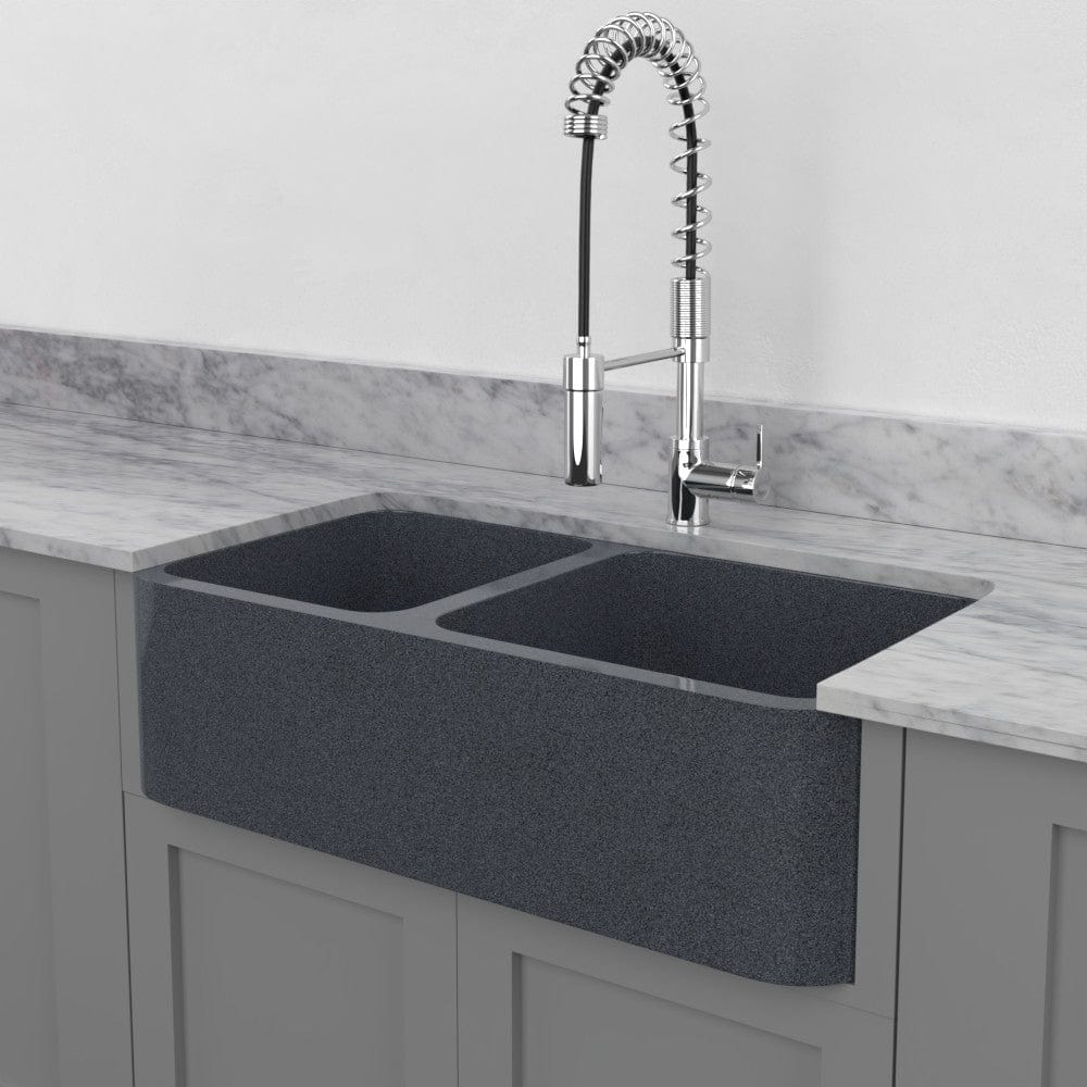 36" Smyrna Smooth Polished Blue Gray Granite 60/40 Offset Double-Bowl Farmhouse Sink