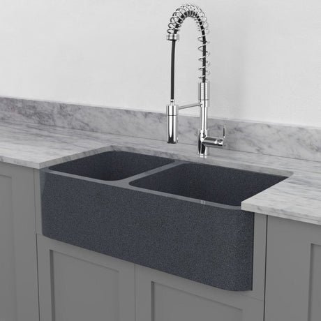 36" Smyrna Smooth Polished Blue Gray Granite 60/40 Offset Double-Bowl Farmhouse Sink