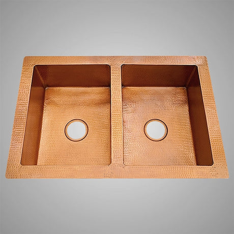 36" Sonora Hammered Copper 50/50 Offset Double-Bowl Drop-In Kitchen Sink