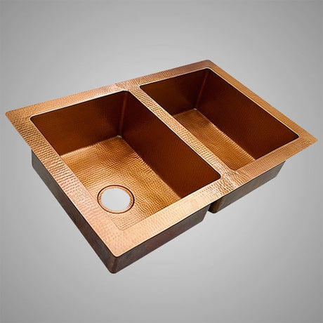 36" Sonora Hammered Copper 50/50 Offset Double-Bowl Drop-In Kitchen Sink