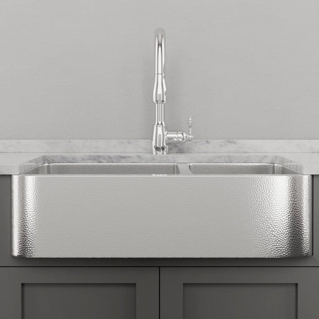 36" Talbert 60/40 Double-Bowl Stainless Steel Farmhouse Sink - Polished Hammered Steel