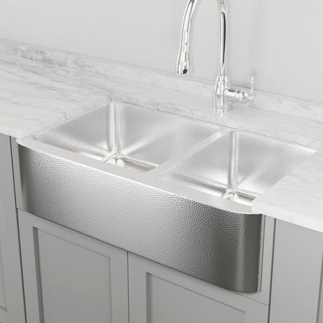 36" Talbert 60/40 Double-Bowl Stainless Steel Farmhouse Sink - Polished Hammered Steel