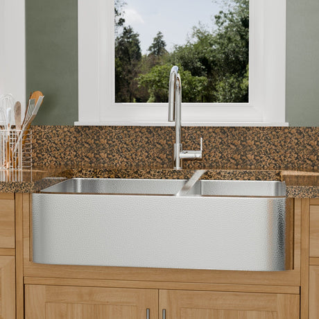 36" Talbert 60/40 Double-Bowl Stainless Steel Farmhouse Sink - Polished Hammered Steel