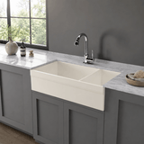 36" Upton Fireclay Decorative Lip 80/20 Offset Double-Bowl Farmhouse Sink