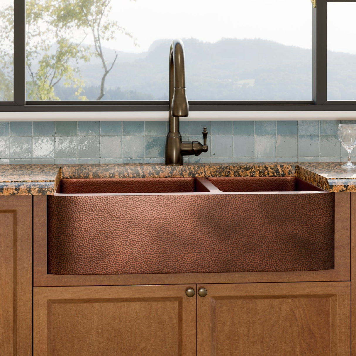 36" Viki 60/40 Hammered Copper Farmhouse Sink - Antique Copper Interior with Dark Copper Exterior