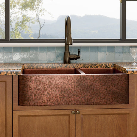 36" Viki 60/40 Hammered Copper Farmhouse Sink - Antique Copper Interior with Dark Copper Exterior