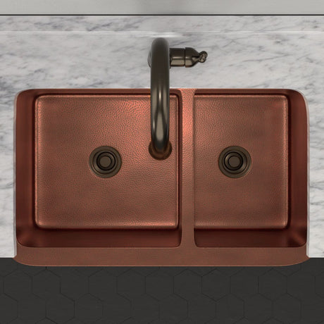 36" Viki 60/40 Hammered Copper Farmhouse Sink - Antique Copper Interior with Dark Copper Exterior