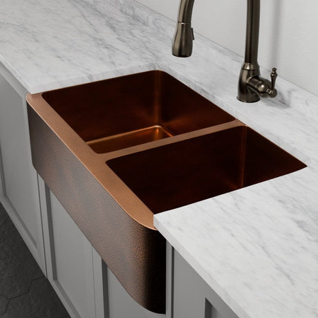 36" Viki 60/40 Hammered Copper Farmhouse Sink - Antique Copper Interior with Dark Copper Exterior