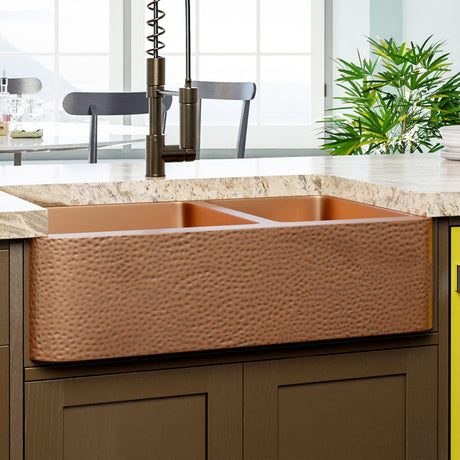 36" Wheaton Copper Hammered Apron 60/40 Offset Double-Bowl Farmhouse Sink