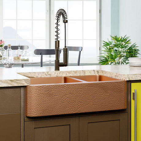 36" Wheaton Copper Hammered Apron 60/40 Offset Double-Bowl Farmhouse Sink