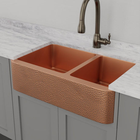 36" Wheaton Copper Hammered Apron 60/40 Offset Double-Bowl Farmhouse Sink