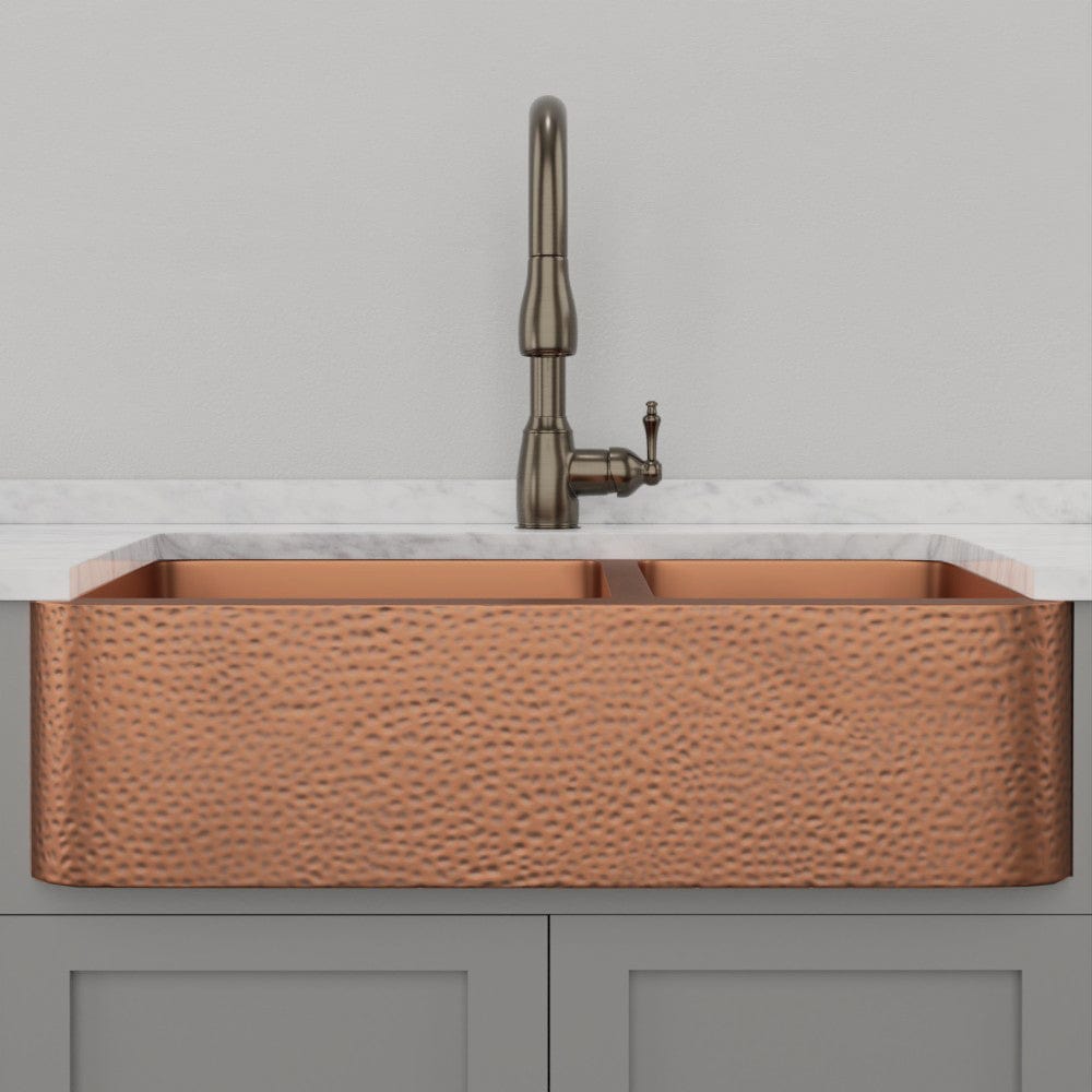 36" Wheaton Copper Hammered Apron 60/40 Offset Double-Bowl Farmhouse Sink