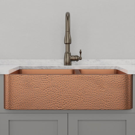 36" Wheaton Copper Hammered Apron 60/40 Offset Double-Bowl Farmhouse Sink