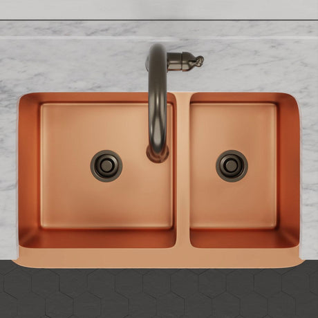 36" Wheaton Copper Hammered Apron 60/40 Offset Double-Bowl Farmhouse Sink