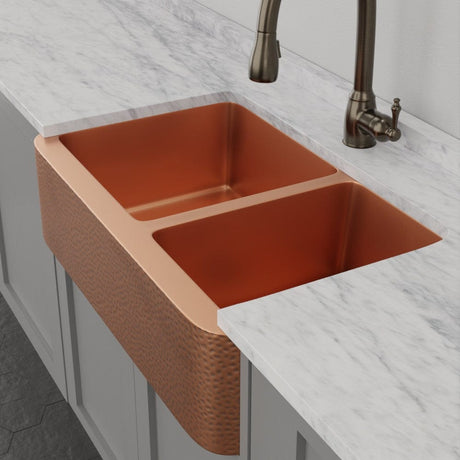 36" Wheaton Copper Hammered Apron 60/40 Offset Double-Bowl Farmhouse Sink